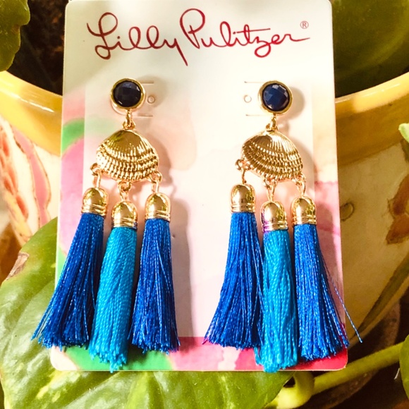 LILLY PULITZER EARRINGS NWT SEASIDE TASSEL ⭐️Capri Blue/Gold SHELLS-PIERCED-POST - Picture 7 of 9